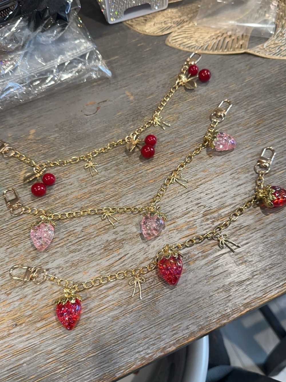 Gold Charm Bracelet with Pink and Red Fruit Charms - Women Jewelry